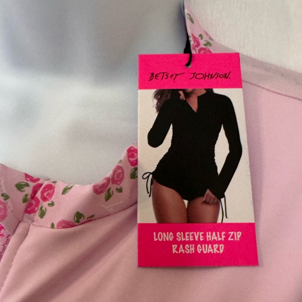 BETSEY JOHNSON RASH GUARD SWIM TOP. LONG SLEEVE UPF 50. SIZE L PINK FLORAL - Picture 13 of 13
